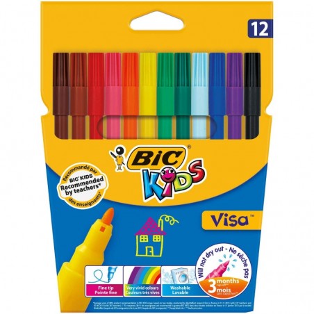 BBIC Pochette de 12 feutres à dessin pointes FINES encre lavable CONTE