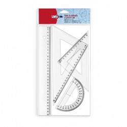 Kit de 4  traçage (1 Règle 30cm / 2 Equerres 60° 22cm et 45° 21cm / 1 Rapporteur 180° 12cm) plastique
