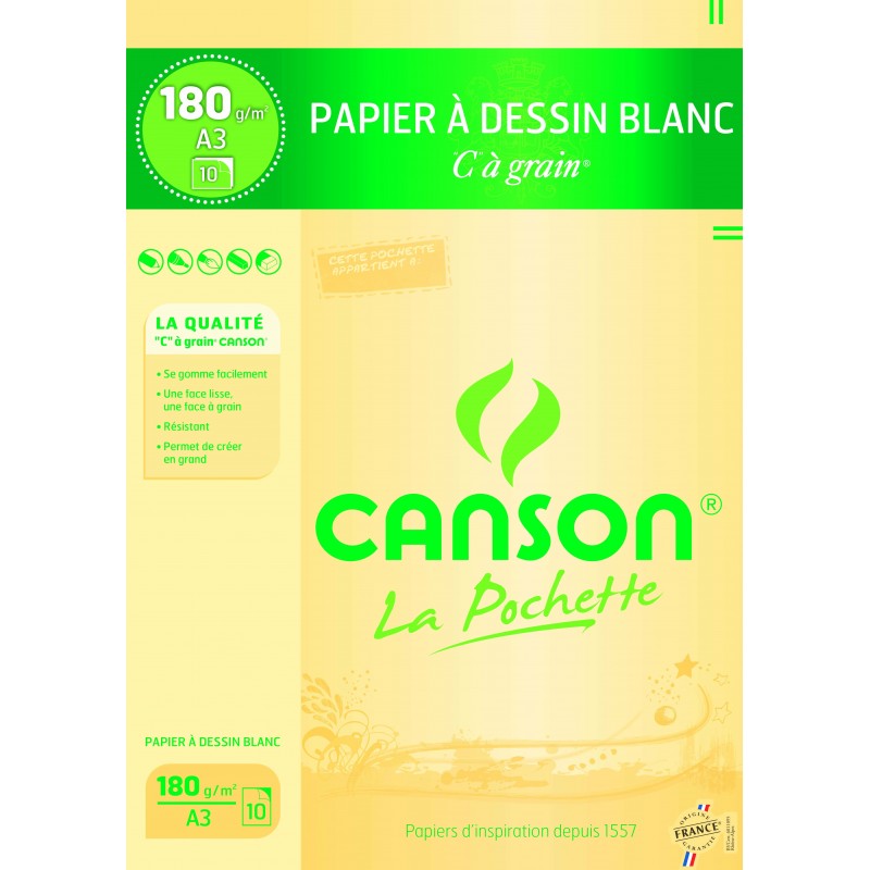 Canson Pochette de 10 feuilles de papier dessin C A GRAIN 180g A3