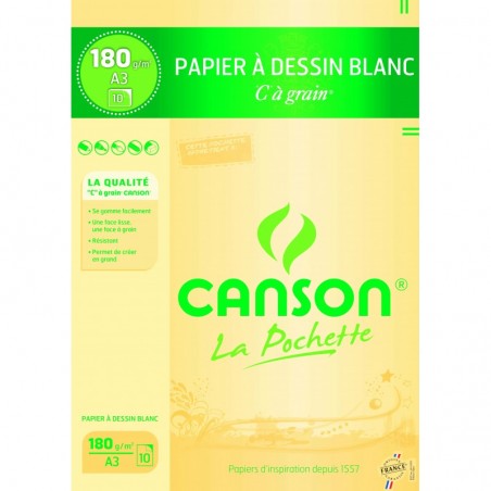 Canson Pochette de 10 feuilles de papier dessin C A GRAIN 180g A3