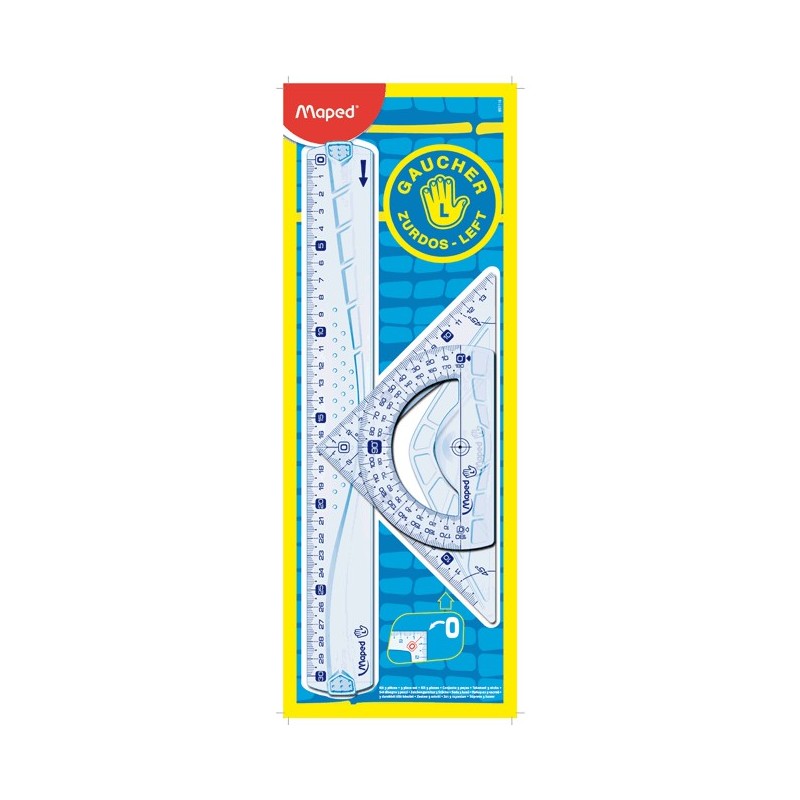Maped Kit de traçage 3 pièces pour GAUCHER : (1 règle 30cm +1 équerre 21cm 45°+ 1 rapporteur 180) plastique