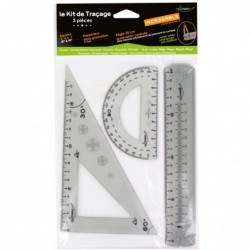 Kit de traçage 3 pièces (régle 20 cm + équerre 45° et 60° + 1 rapporteur) INCASSABLE