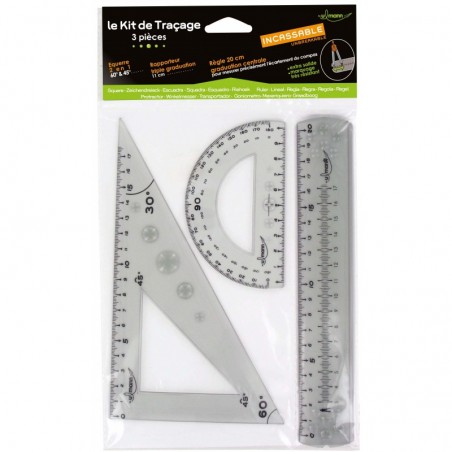 Kit de traçage 3 pièces (régle 20 cm + équerre 45° et 60° + 1 rapporteur) INCASSABLE