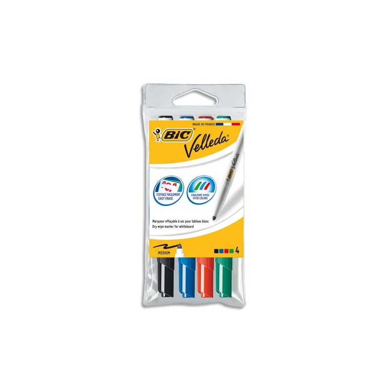 BIC Pochette de 4 Feutres effaçables à sec pointe ogive encre cétone 4 couleurs VELLEDA