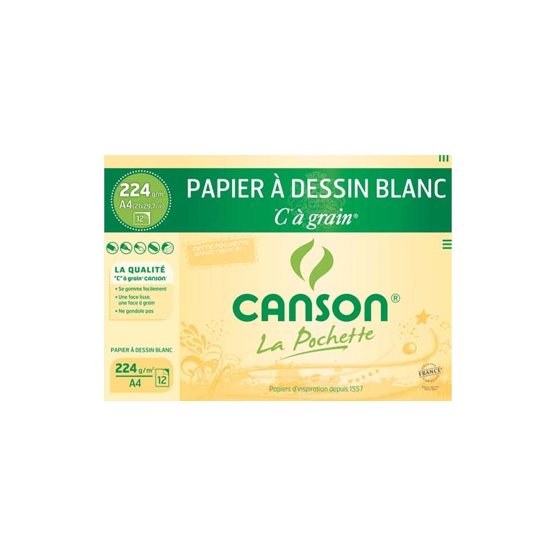 CANSON Pochette 12 feuilles papier dessin blanc C à Grain 224g format 21x29,7cm