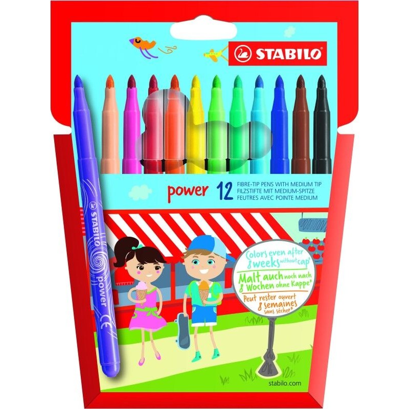 STABILO Pochette 12 feutres de coloriage POWER. Pointe moyenne