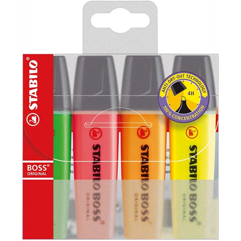 STABILO Pochette de 4 surligneurs pointe biseautée assortis BOSS