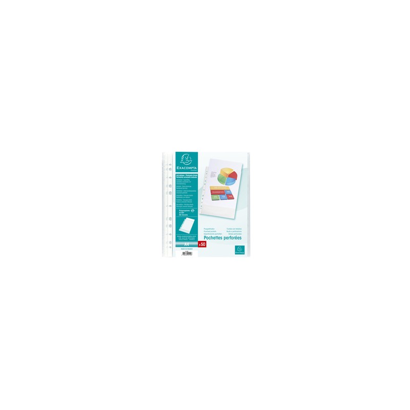 Sachet de 50 pochettes perforées polypropylène grainé 5/100e - A4 - Cristal