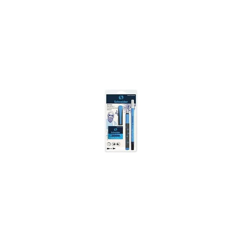 SCHNEIDER Set stylo plume Easy Noir avec effaceur et 5 cartouches standards, encre Bleu
