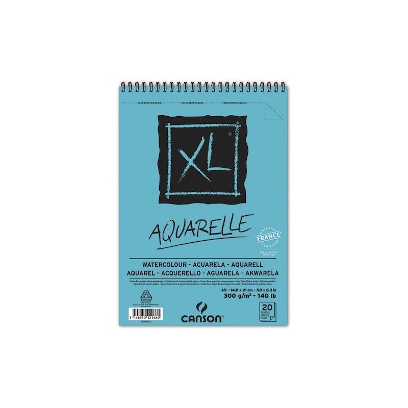 CANSON Album spiralé 20 feuilles XL AQUARELLE, A5, 300G, grain fin Blanc