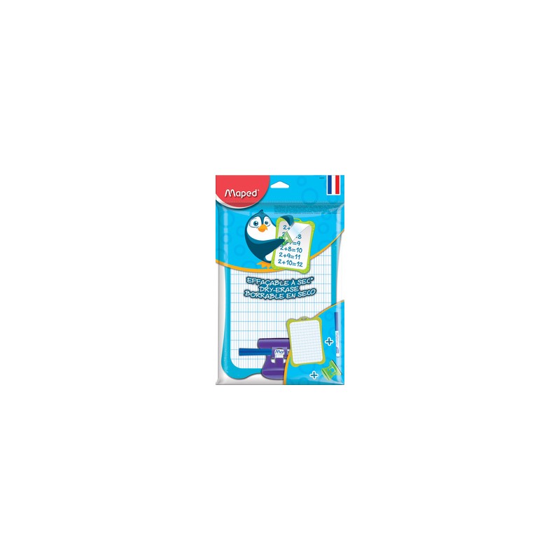 MAPED Ardoise effaçable à sec 21x29,7cm double face (unie/grands carreaux Séyès). Avec feutre, effaçette